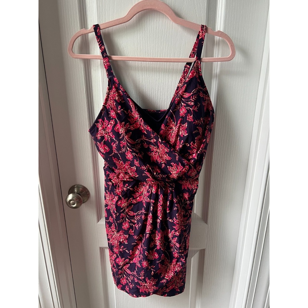 Lands End Womens Swim Dress Magenta Pink Tropical Leaf One Piece Swimsuit Sz‎ XL